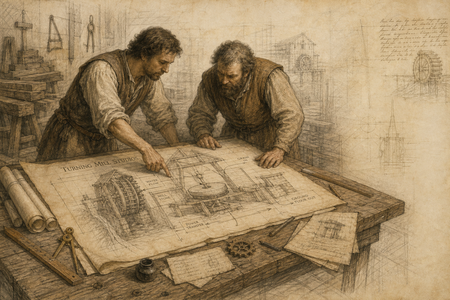 Graphite-and-sepia workshop drawing of two Renaissance-era craftsmen studying an architectural plan together at a heavy wooden table. The plan, titled Turning Mill Studios, lays out a new water-driven stone mill; the architect points to where several lines converge while the owner leans in to study it.