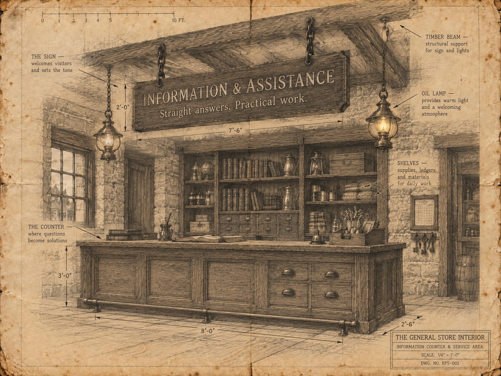 Archival interior plate of the general-store information and assistance counter: a heavy timber desk beneath a carved hanging sign reading Information and Assistance, straight answers, practical work.