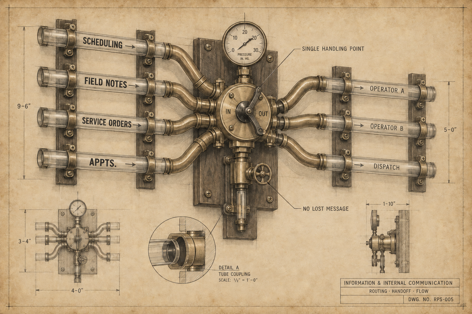 Archival relay-station plate: brass tubes labeled Scheduling, Field Notes, Service Orders, and Appts. feeding a central single handling point that routes to Operator A, Operator B, and Dispatch with no lost message.