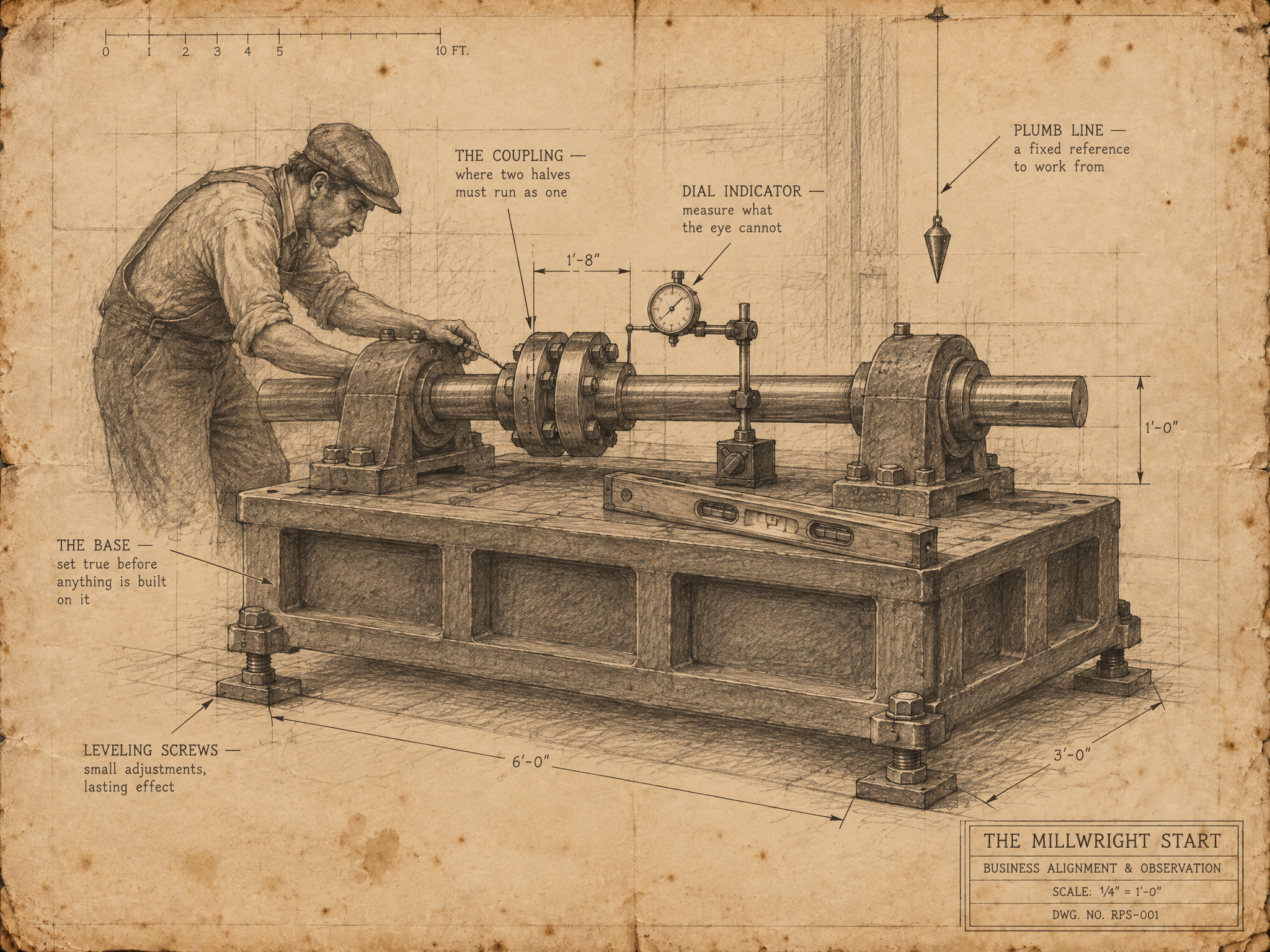 Archival technical plate of a millwright aligning a heavy machine base on leveling screws with a spirit level, dial indicator, and plumb bob, showing the operation being observed and set true before more load is added.
