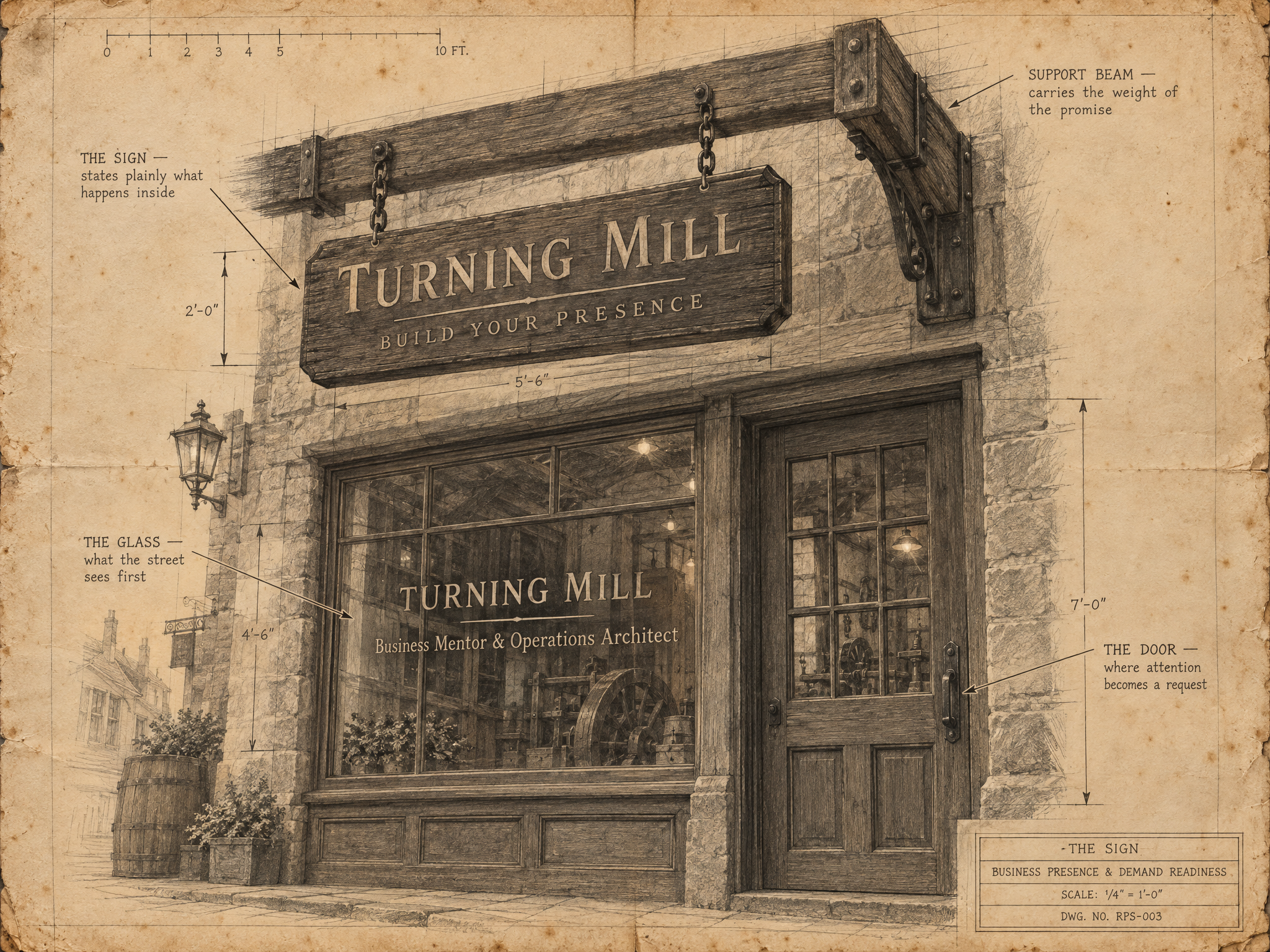 Archival elevation of a heavy dark wooden shop sign on short chains over a workshop entrance, presenting the business plainly to the street.