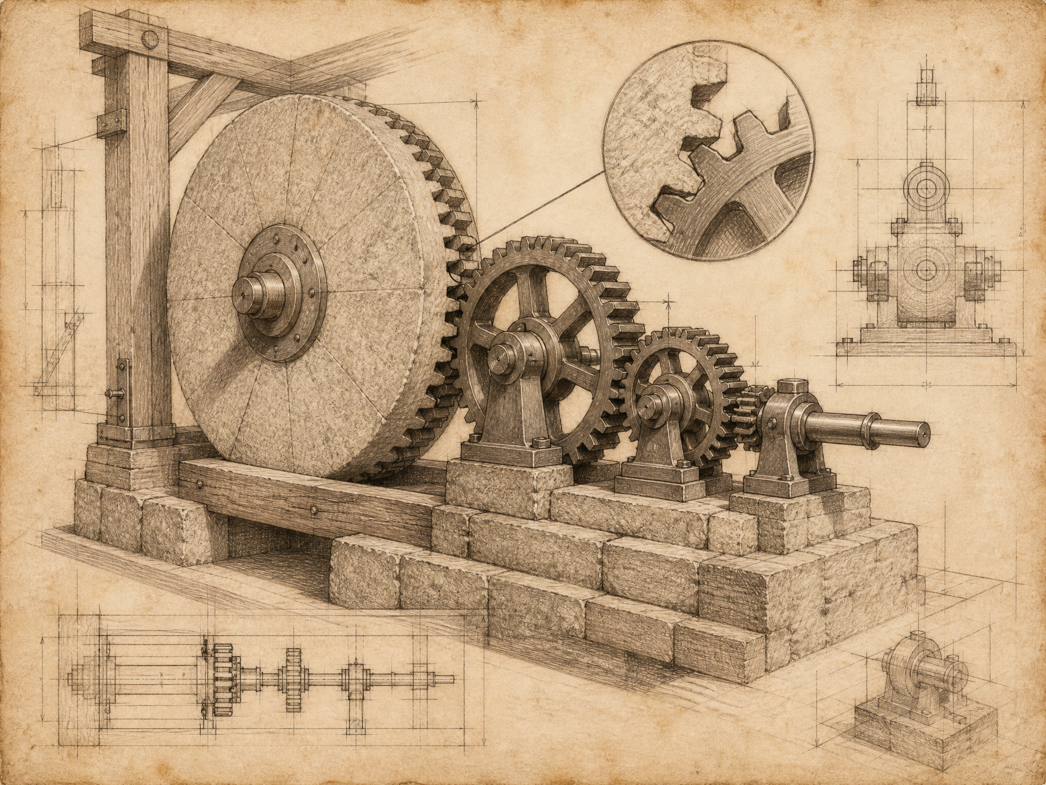 Architect's pencil sketch of a stone millstone wheel meshing into a train of steel gears that drive a single output shaft: the company's processes working together in harmony to produce one refined output.